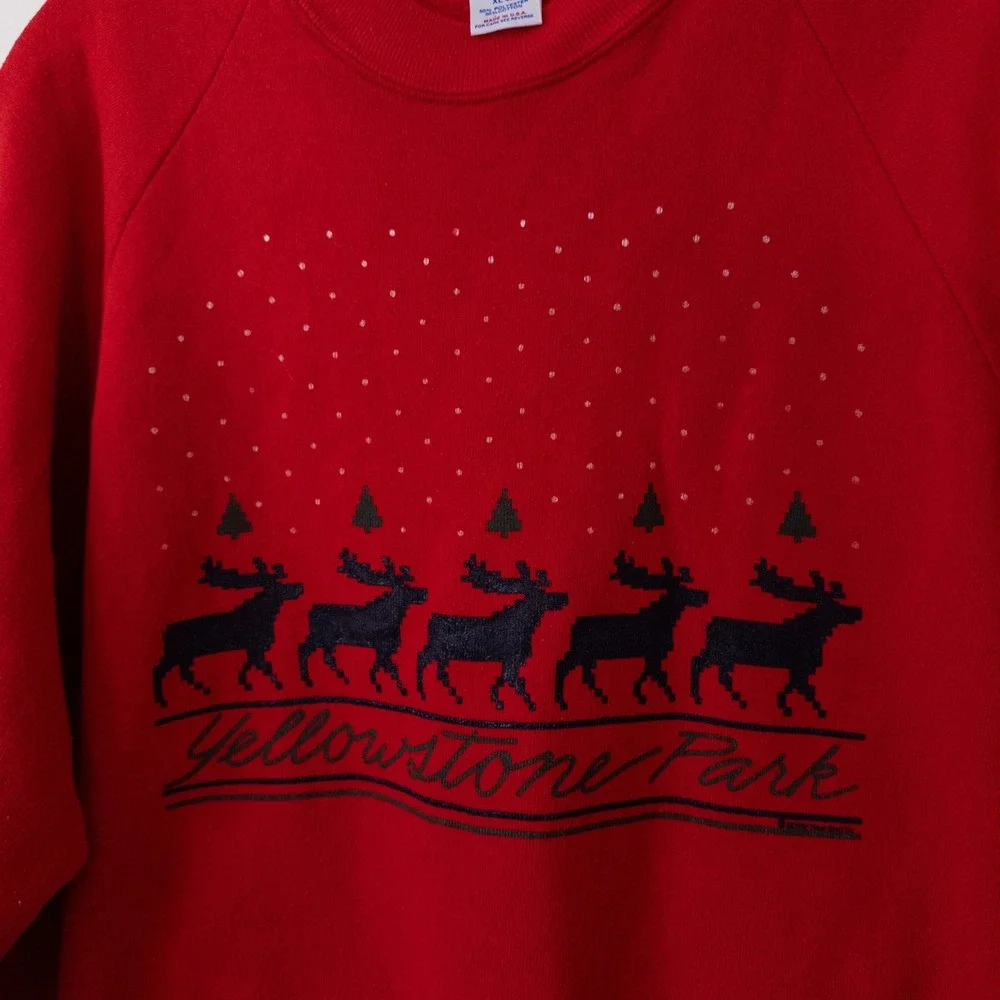 Vintage Christmas Yellowstone Park Sweatshirt XL Moose National Park Red‎ Gorp